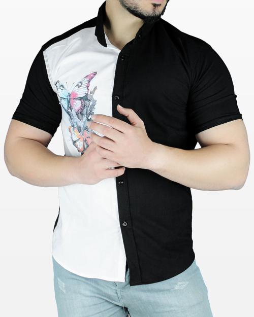 پیراهن مردانه مشکی سفید طرح پروانه مدل 1604